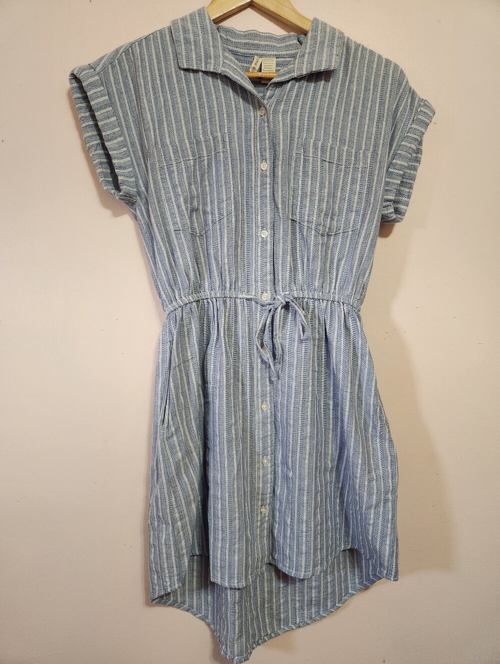 Japna Blue White Stripe Cotton Button Down Short Sleeve Tie Waist Shirt Dress M